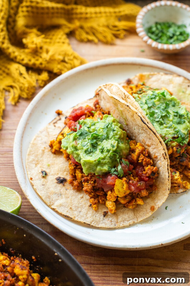 A hand holding a vegan breakfast taco, ready to be eaten.