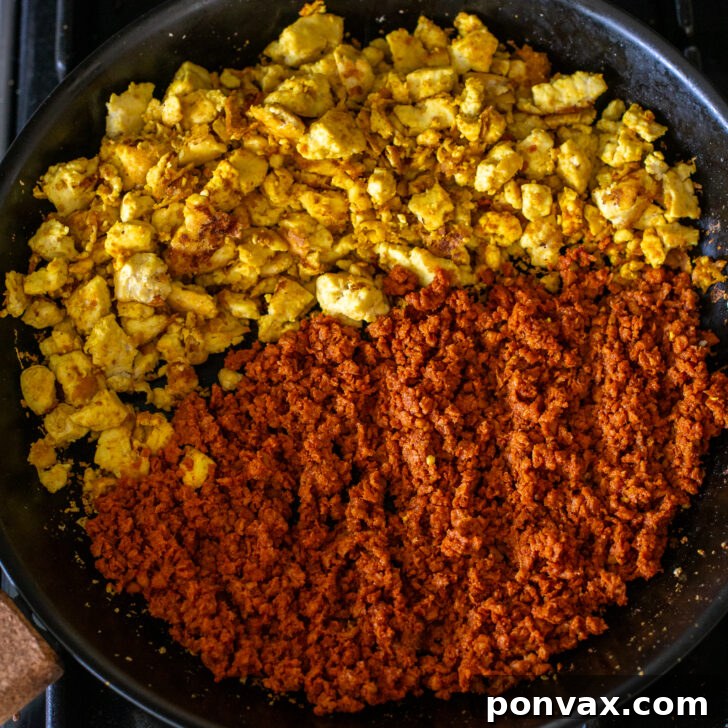 Step 5: Cooking crumbled soy chorizo until browned.