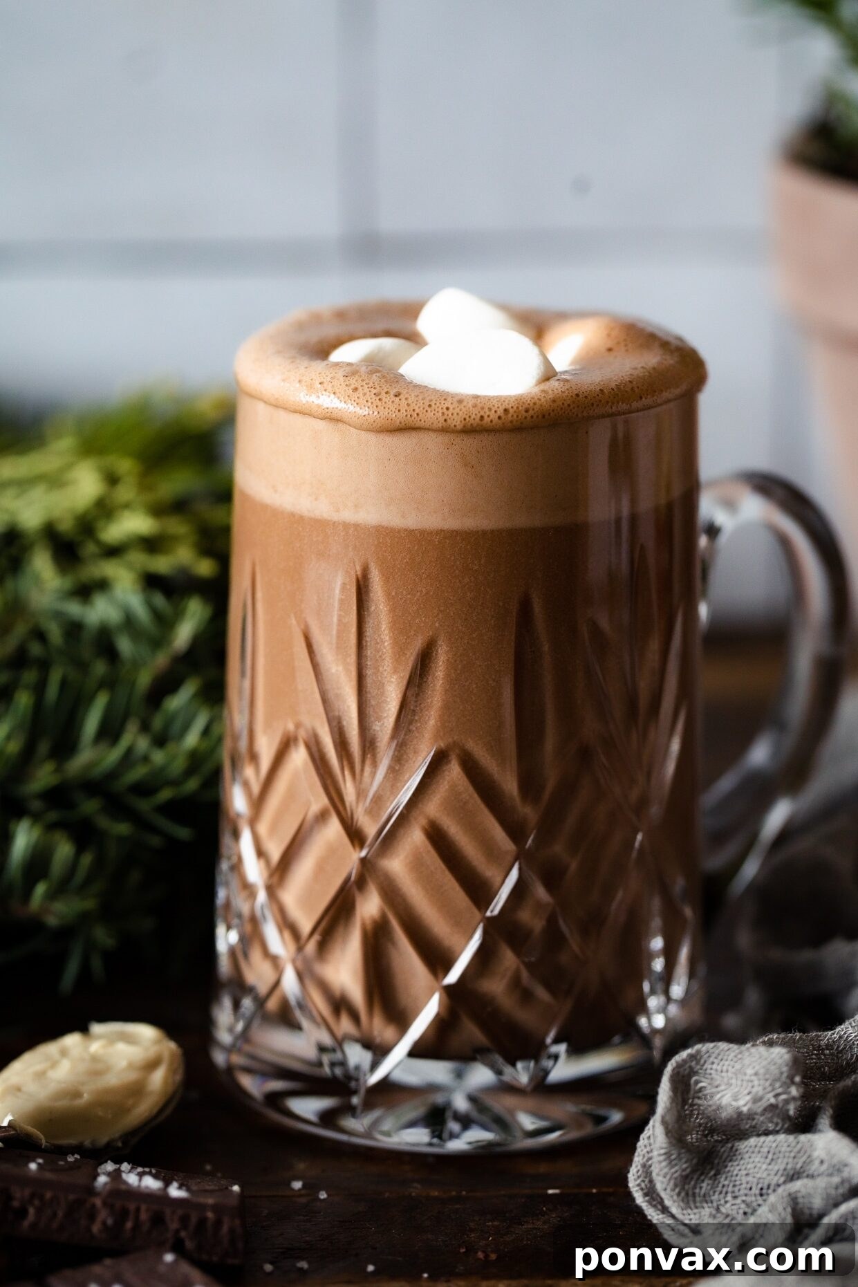 Decadent Salted Cashew Hot Chocolate 2 A beautifully presented mug of creamy salted cashew hot chocolate, topped with frothy milk and a sprinkle of sea salt. The inviting beverage sits on a rustic wooden surface, hinting at warmth and comfort.