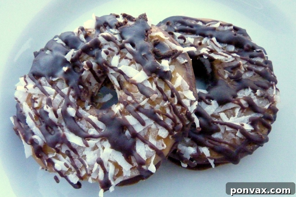 Homemade Samoas: Close-up of Delicious Layers Close-up of freshly baked homemade Samoas (Caramel Delites) cookies, showing the detailed chocolate drizzle and generous coating of toasted coconut.