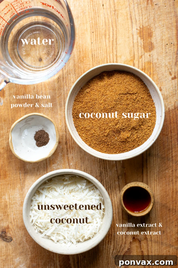 Tropical Coconut Elixir 3 Close-up shot of the raw ingredients for homemade coconut syrup: water, coconut sugar, and unsweetened coconut flakes in separate bowls.