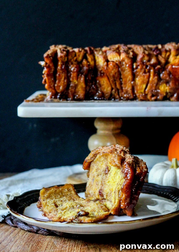 Warm Pumpkin Pecan Cinnamon Sugar Pull Apart Bread, freshly baked and ready to be served for a holiday brunch.
