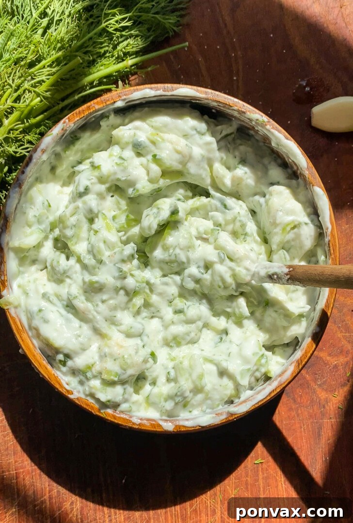 Dairy-Free Tzatziki Delight 8 Close-up of finished vegan tzatziki sauce in a bowl, garnished.