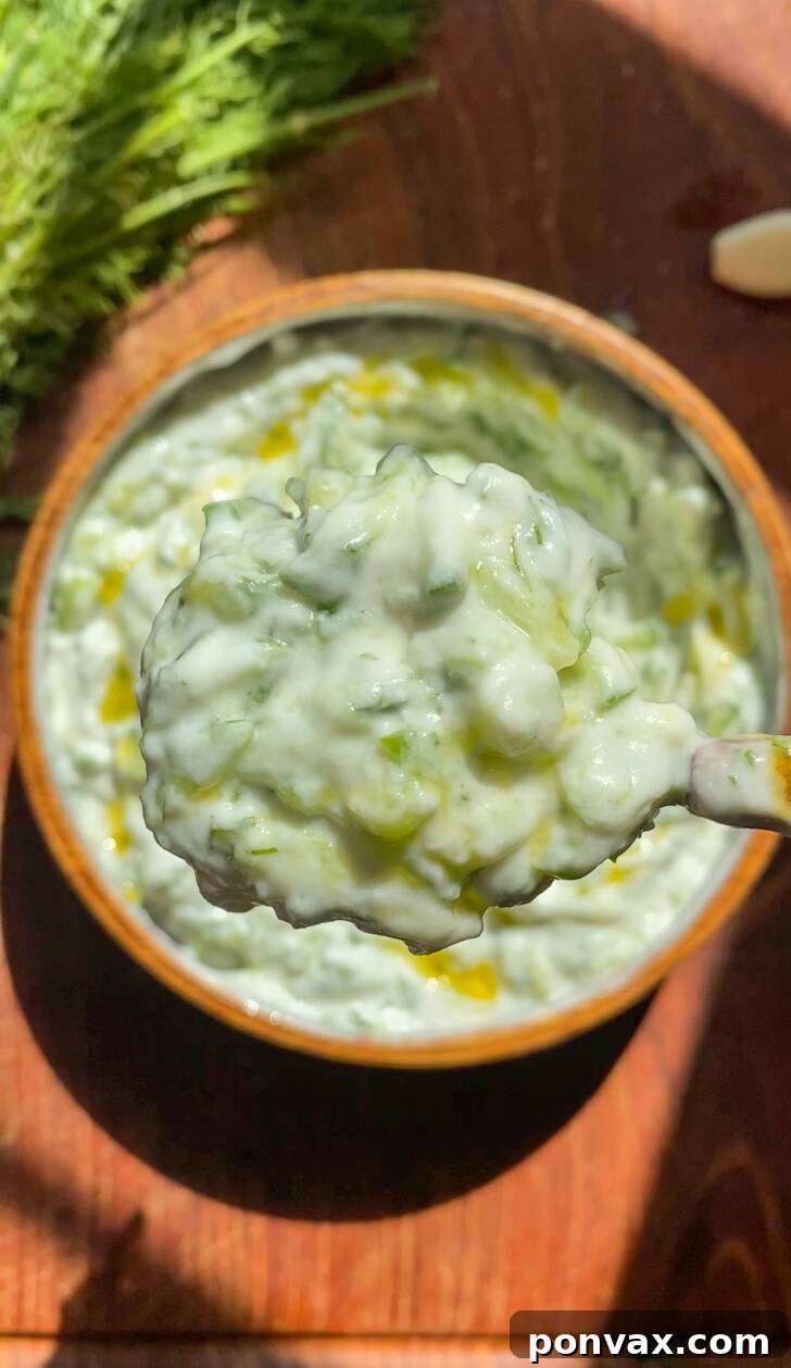 Dairy-Free Tzatziki Delight 9 Bowl of vegan tzatziki with a spoon, ready to be served.