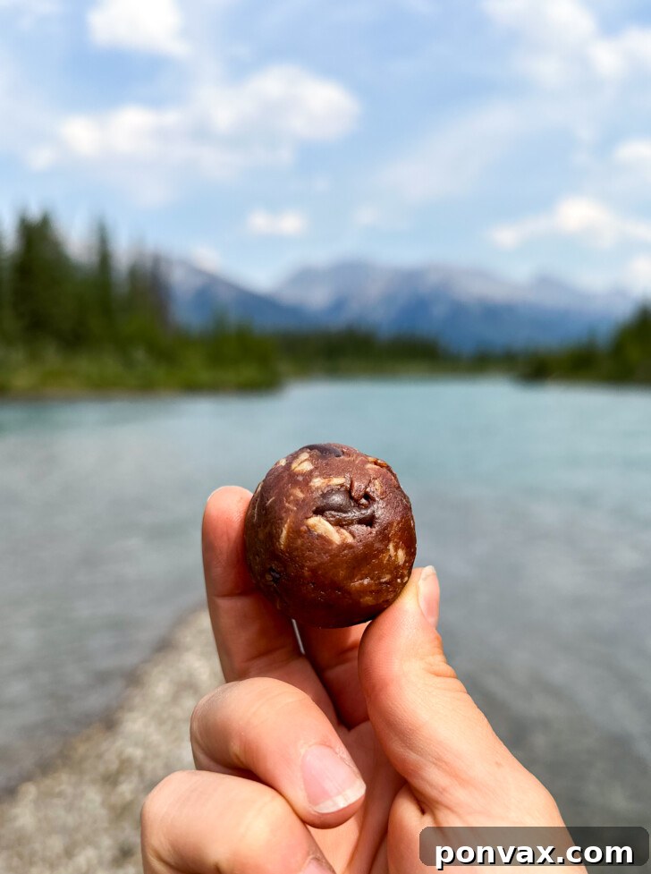 A hand gently holds a rich chocolate oatmeal ball, framed against the stunning backdrop of the majestic Bow River flowing through Banff, with towering mountains completing the picturesque scene. This image perfectly captures the essence of a perfect adventure snack.