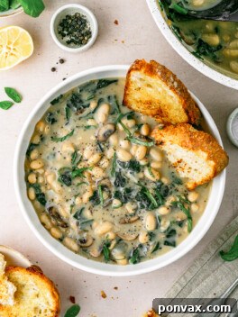 Wholesome One-Pot White Bean Mushroom Stew 12 One-Pot White Bean Mushroom Stew in a bowl with fresh basil garnish.
