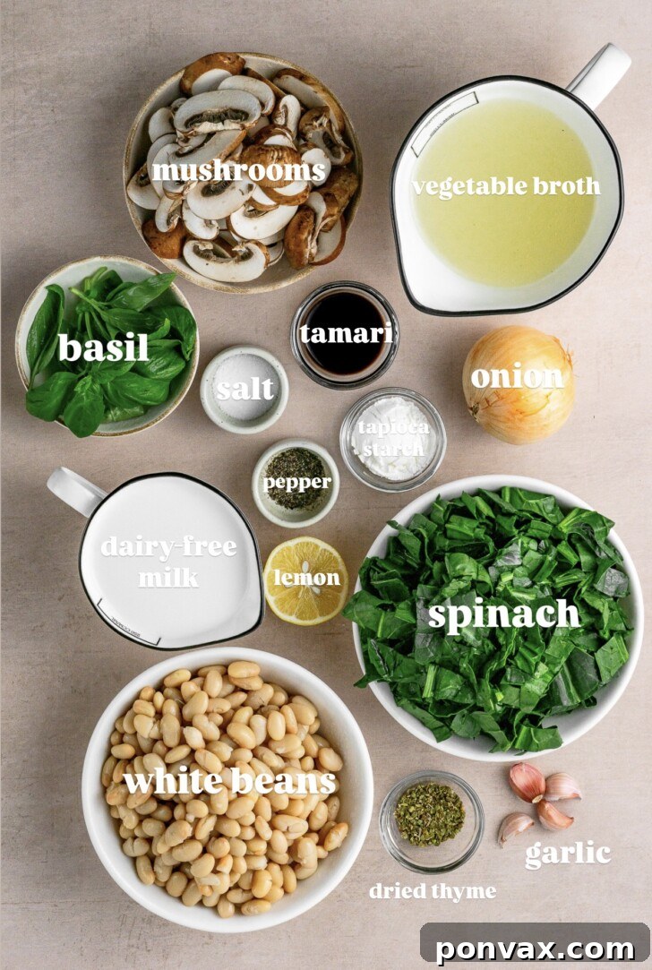 Wholesome One-Pot White Bean Mushroom Stew 4 A collection of fresh ingredients laid out for white bean mushroom stew, including mushrooms, vegetable broth, basil, tamari, salt, spinach, white beans, garlic, and dairy-free milk.