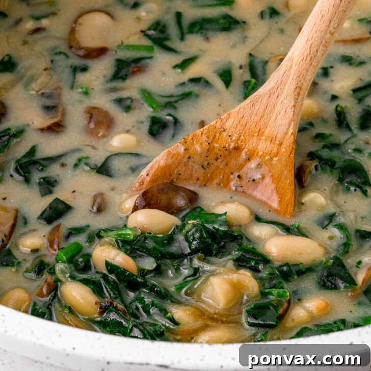 Wholesome One-Pot White Bean Mushroom Stew 10 Final white bean mushroom stew, garnished with basil and ready to serve.