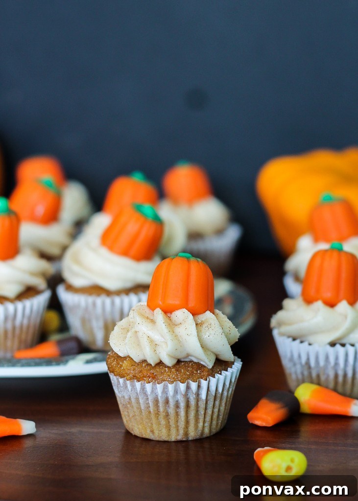 Close-up of moist Pumpkin Carrot Cupcakes with beautiful Cinnamon Cream Cheese Frosting swirls.