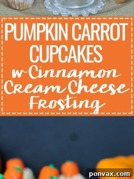 A recipe card image showing the finished Pumpkin Carrot Cupcakes.