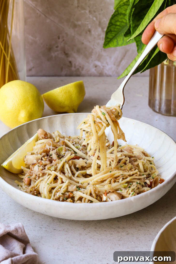 A close-up of a single serving of Caramelized Cabbage Pasta, garnished and ready to eat, emphasizing its simple beauty and deliciousness.