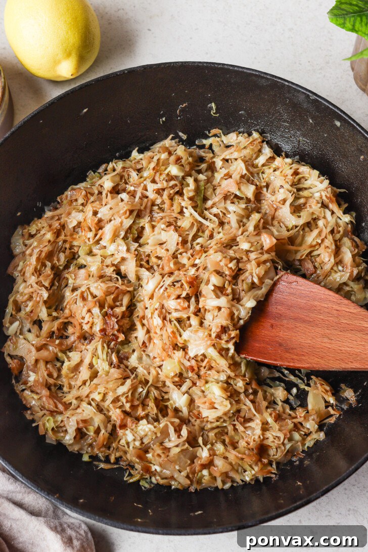 The cabbage and shallots have reduced significantly, showing a beautiful golden caramelization, indicating the savory sweetness has developed.