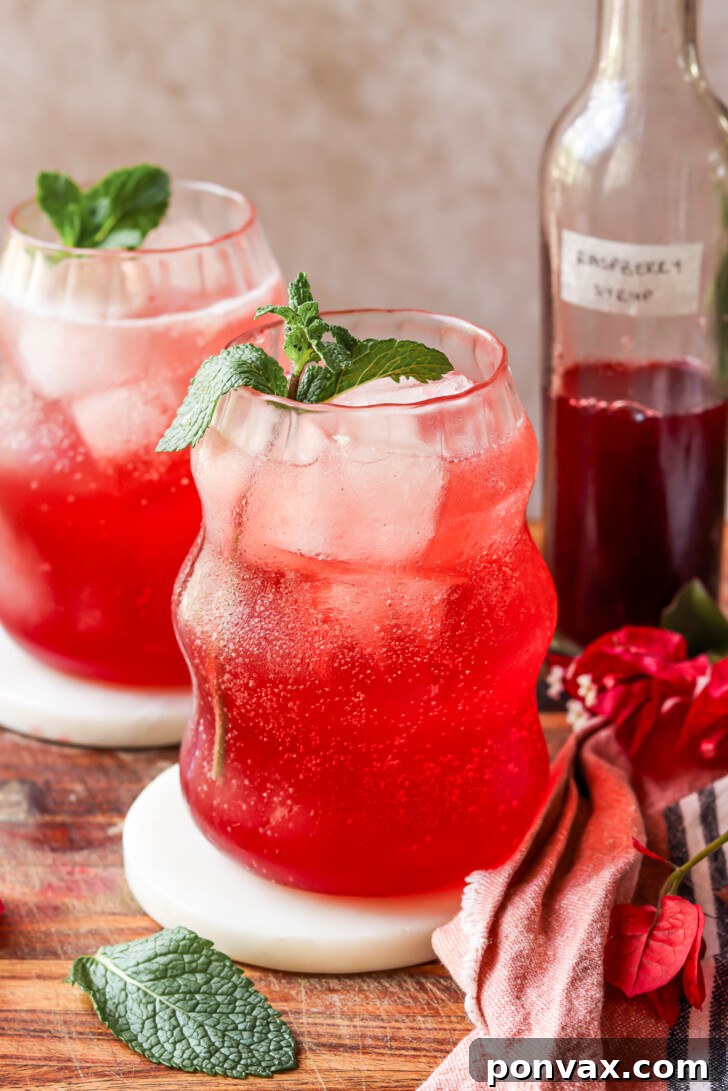 Three glass bottles of homemade raspberry syrup, one plain, one with lemon slices, and one with mint leaves, representing different flavor variations.