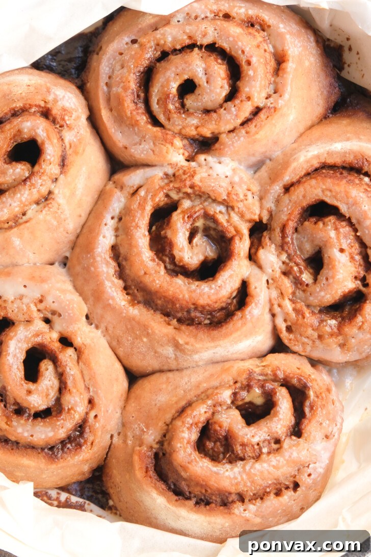 Irresistible Gluten-Free Sourdough Cinnamon Buns 3 Close-up of baked gluten-free sourdough cinnamon rolls, showcasing their soft texture.