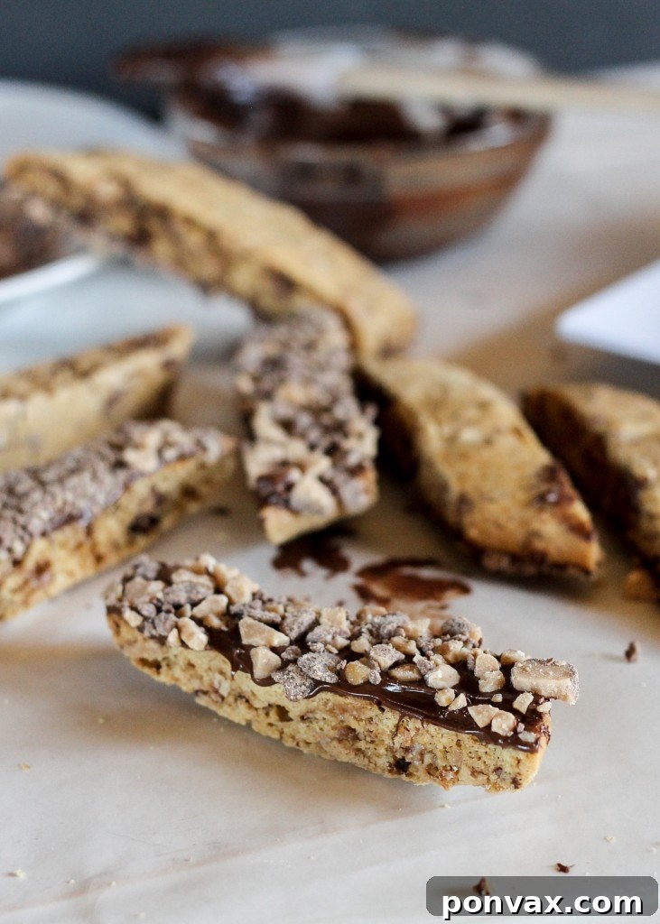 Chocolate-Kissed Toffee Biscotti 2 The perfect finale: Chocolate Dipped Toffee Biscotti glistening with melted chocolate and crunchy toffee. An exquisite addition to any celebration, showcasing the beauty of homemade baking. Recipe from Bakerita.com
