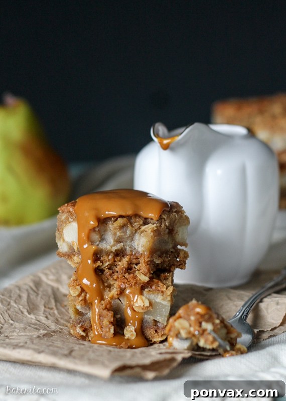 Delicious Brown Butter Pear Bars with a crispy shortbread crust and spiced pear filling