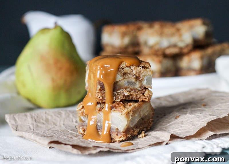 Close-up of the spiced pear filling in Brown Butter Pear Bars