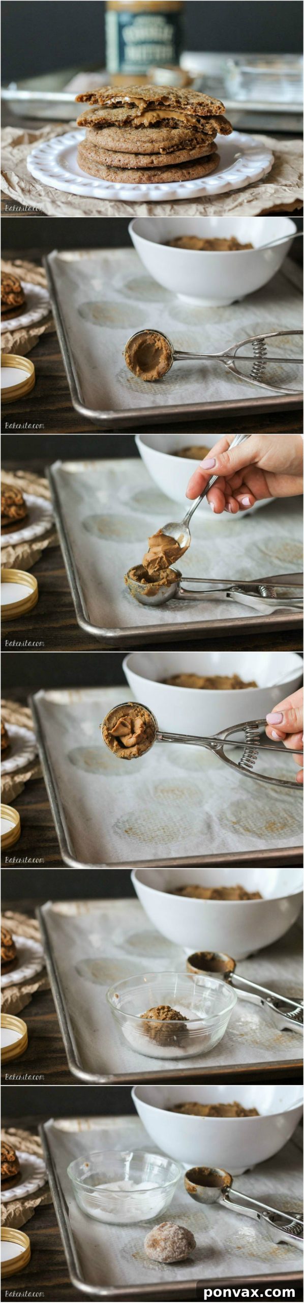 A sequential series of four photographs illustrating the precise method of stuffing ginger cookie dough with cookie butter, from scooping to sealing and rolling in sugar.