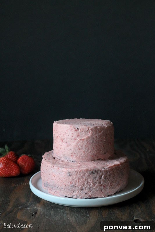 Close-up of a mini tiered chocolate strawberry cake with fresh berries