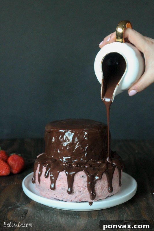 Beautifully decorated mini chocolate strawberry layer cake with ganache