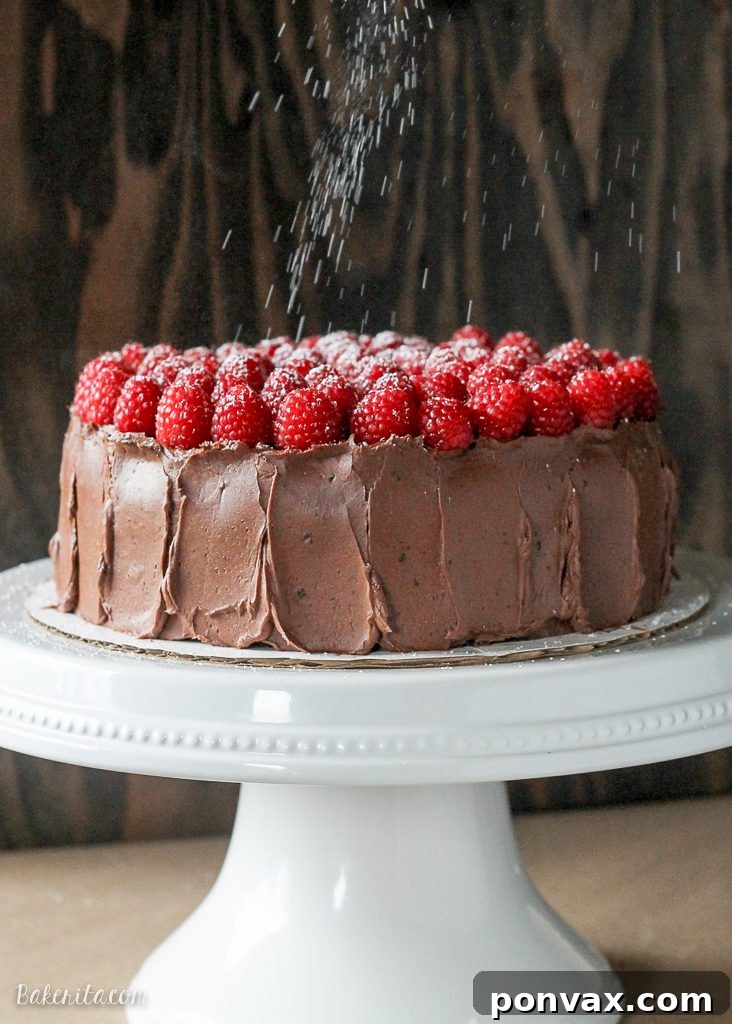 Raspberry Mocha Delight 2 A beautifully decorated Mocha Raspberry Cake with fresh raspberries on top, ready to be sliced and enjoyed.