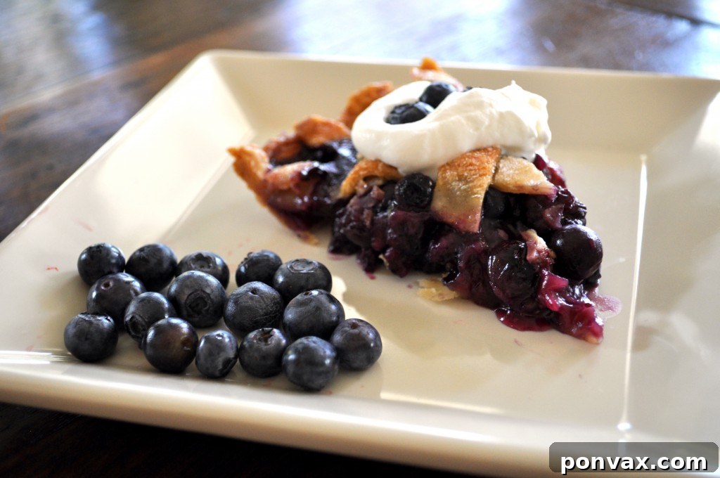 A beautifully baked Black & Blue Pie, golden brown and glistening with berry juices, presented on a rustic wooden surface.