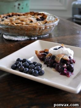 A vibrant slice of Black and Blue Pie with a flaky crust, filled with sweet blueberries and tart blackberries, served fresh on a white plate with a fork.