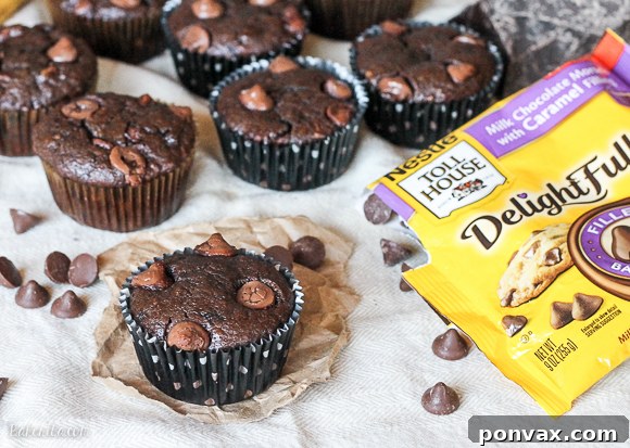 Decadent Chocolate Banana Muffins with Caramel Cores 3 Close-up of a Caramel Filled Chocolate Banana Bread Muffin showing its rich texture and melty chocolate and caramel.