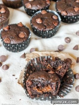 Decadent Chocolate Banana Muffins with Caramel Cores 6 Caramel Filled Chocolate Banana Bread Muffins