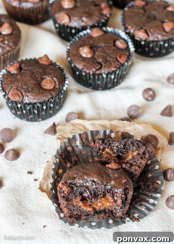 Decadent Chocolate Banana Muffins with Caramel Cores 7 A final photo of Caramel Filled Chocolate Banana Bread Muffins, showcasing their perfect bake and inviting appearance.