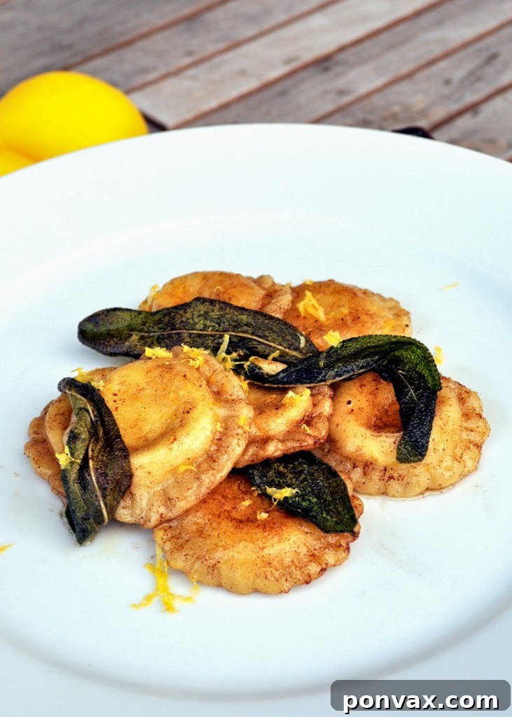 Exquisite Lemon Ricotta Ravioli with Sage Brown Butter Sauce, showcasing homemade pasta and creamy filling.