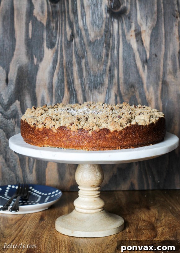 Plant-Based Banana Streusel Cake 3 A close-up shot of the Dairy-Free Banana Crumb Cake, highlighting the rich, moist cake beneath the generous, golden-brown pecan crumb topping. Ready to be enjoyed at any time of day.