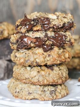 These Nutella Stuffed Oatmeal Hazelnut Chocolate Chip Cookies are loaded with dark chocolate and sprinkled with sea salt. Crunchy toasted hazelnuts and Nutella make these chewy oatmeal chocolate chip cookies even more drool worthy!