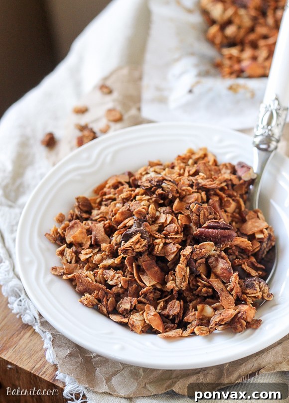 Tropical Banana Coconut Granola 2 Golden brown banana coconut granola in a bowl, featuring visible coconut flakes and pecan pieces, ready to be served.