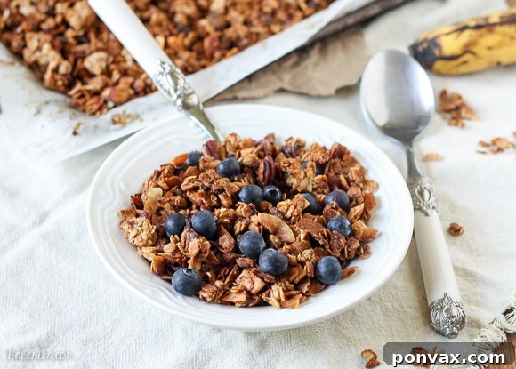 Tropical Banana Coconut Granola 3 Freshly baked banana coconut granola with golden clusters, sprinkled with dark chocolate chips.