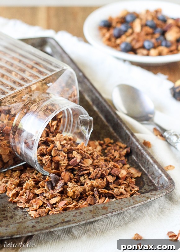 Tropical Banana Coconut Granola 4 Close-up shot of a bowl of freshly baked Banana Coconut Granola, highlighting its golden texture and crunchy clusters.