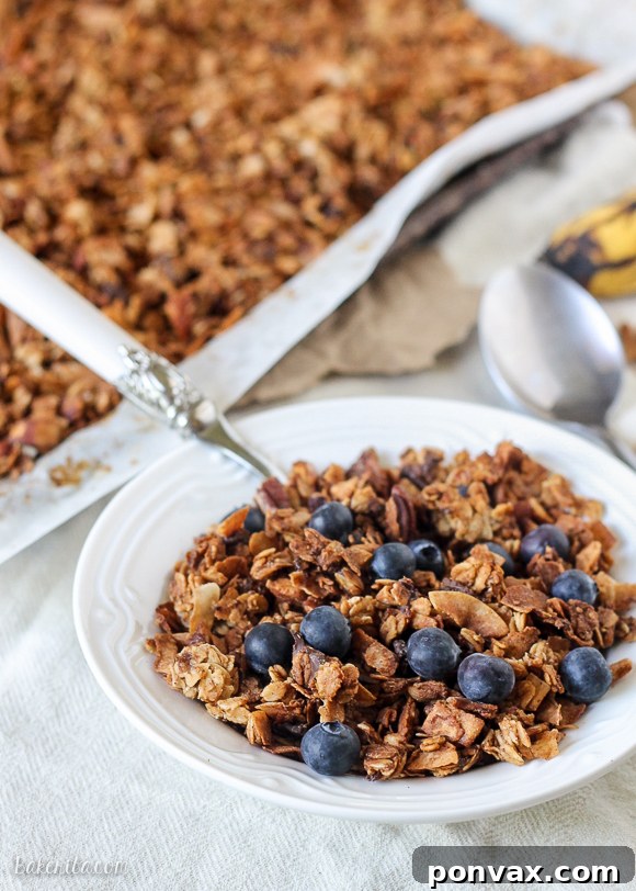 Tropical Banana Coconut Granola 5 Stylized overhead shot of a generous serving of Banana Coconut Granola in a bowl, alongside fresh banana slices.