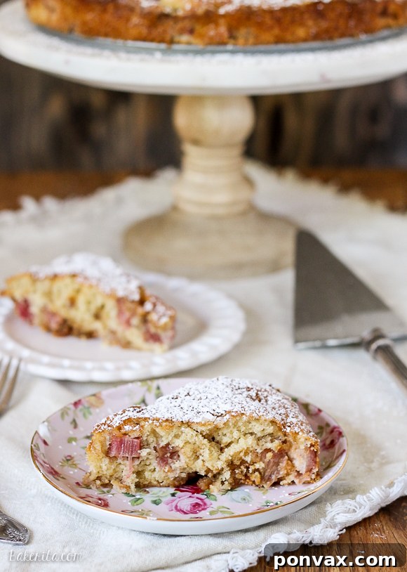 Another perspective of the Caramel Rhubarb Cake, highlighting its rustic charm and the inviting nature of a homemade treat. The soft, natural lighting emphasizes its wholesome appeal and the intricate patterns of the caramel swirls on the surface.