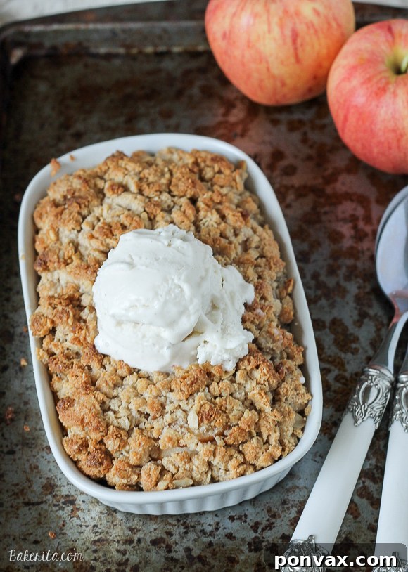 This Small Serving Apple Crisp is the perfect guiltless indulgence for when you don't need an entire pan of apple crisp in the kitchen! It's gluten free, refined sugar free, and vegan.