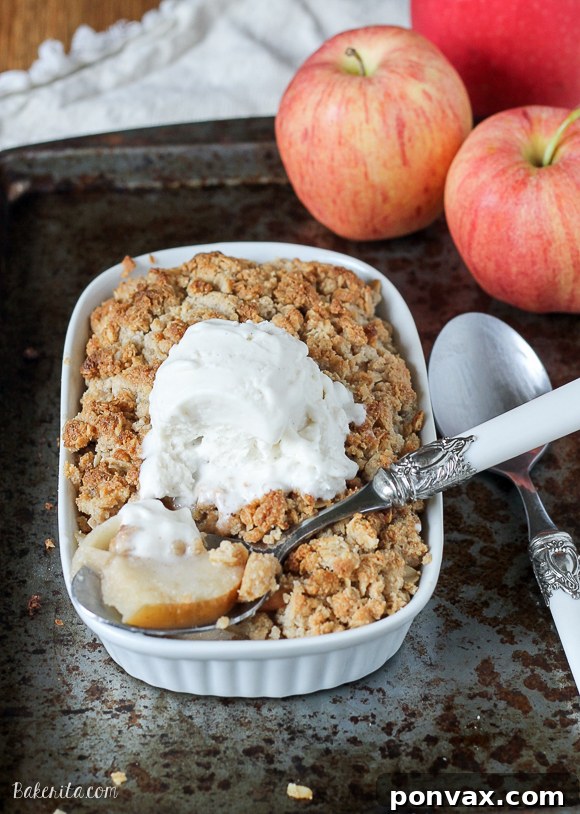 This Small Serving Apple Crisp is the perfect guiltless indulgence for when you don't need an entire pan of apple crisp in the kitchen! It's gluten free, refined sugar free, and vegan.