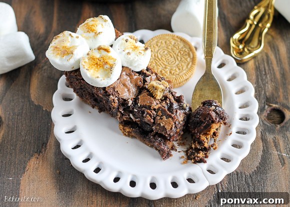 Decadent S'mores Oreo Skillet Brownie 6 A close-up photo of the finished S'mores Oreo Skillet Brownie, showing the glossy, melted chocolate chips and the soft, gooey texture.