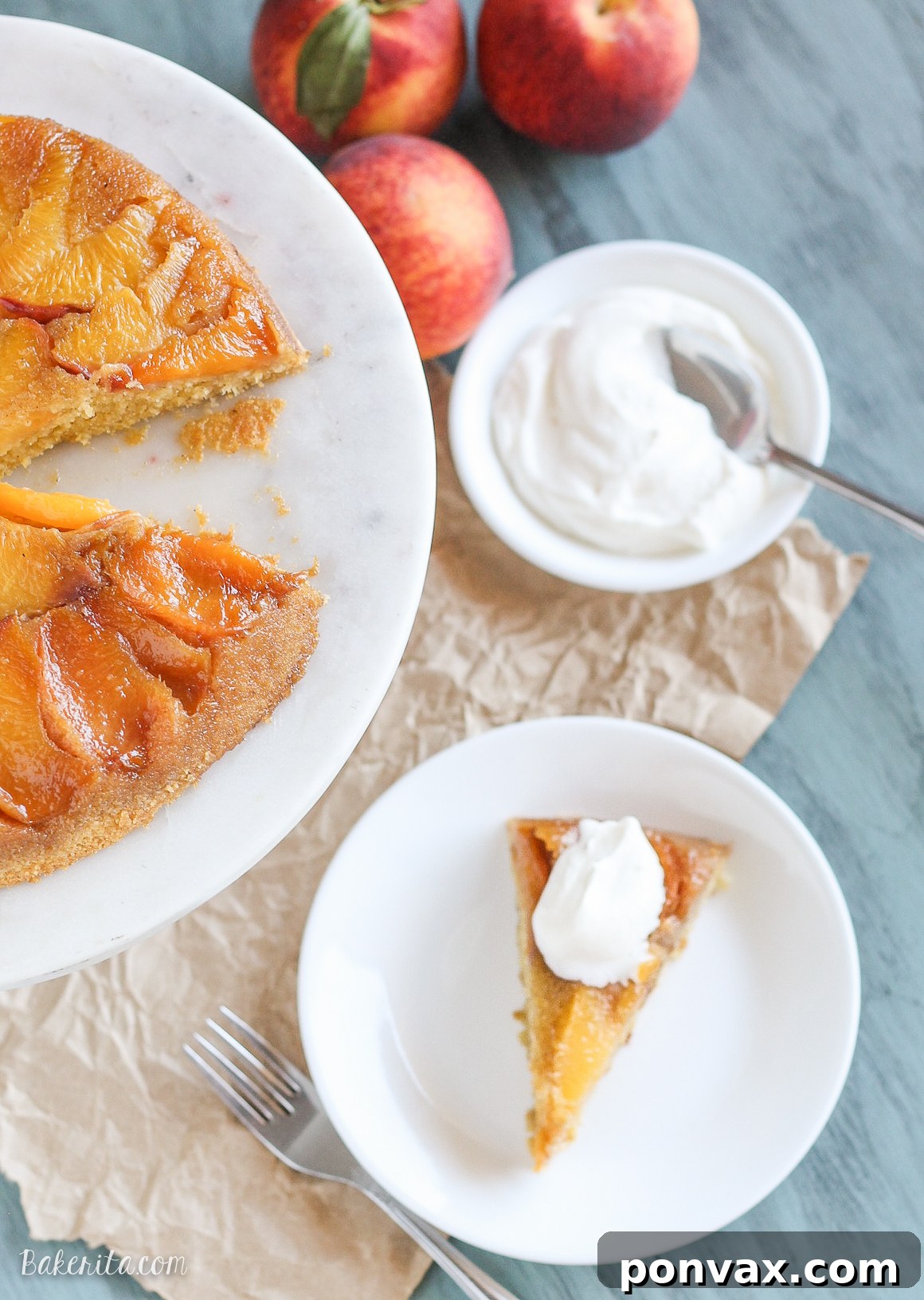 Golden Peach Cornmeal Upside Down Delight 2 Close-up of a slice of Peach Cornmeal Upside Down Cake with whipped cream and coffee.
