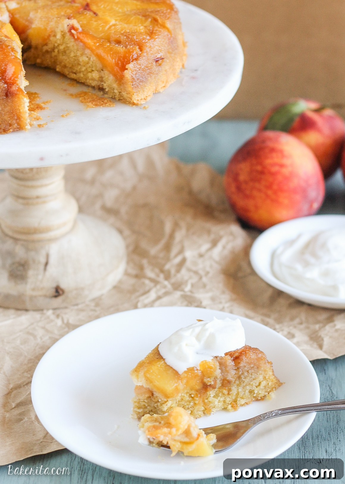Golden Peach Cornmeal Upside Down Delight 4 A vertical shot of Peach Cornmeal Upside Down Cake, showing its moist texture and caramelized peaches.