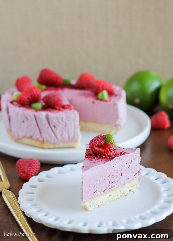 A slice of vegan raspberry lime cheesecake with a coconut crust, showing the vibrant pink filling.