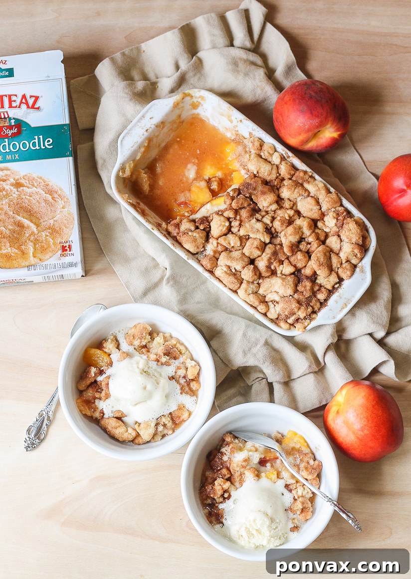 This Peach Snickerdoodle Crumble is made with just 3 ingredients! You'll love this super simple way to highlight your favorite summer stone fruit.