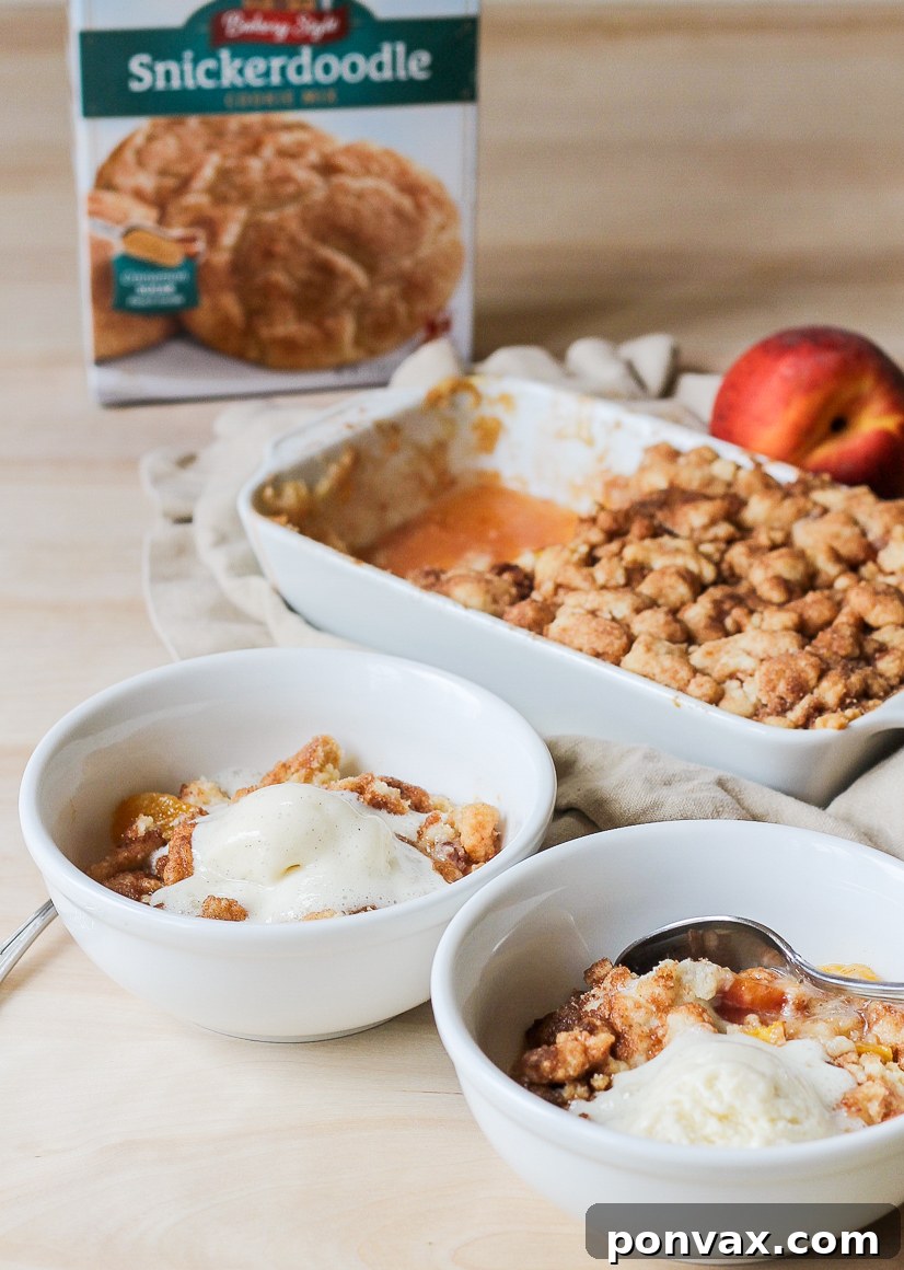 This Peach Snickerdoodle Crumble is made with just 3 ingredients! You'll love this super simple way to highlight your favorite summer stone fruit.