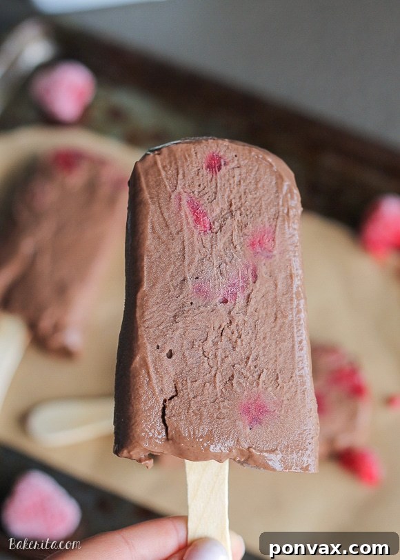 These Chocolate Raspberry Popsicles are a refreshing frozen chocolate treat to enjoy on a hot day. These pops, filled with raspberries, are also vegan!
