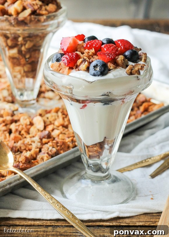 A close-up of golden-brown Paleo Granola clusters, rich with pecans, walnuts, sliced almonds, coconut flakes, and crunchy banana chips, highlighting its wholesome ingredients.