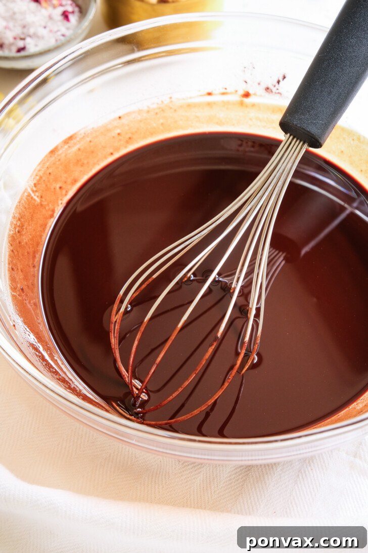 Step-by-step image of pouring chocolate into a pan.