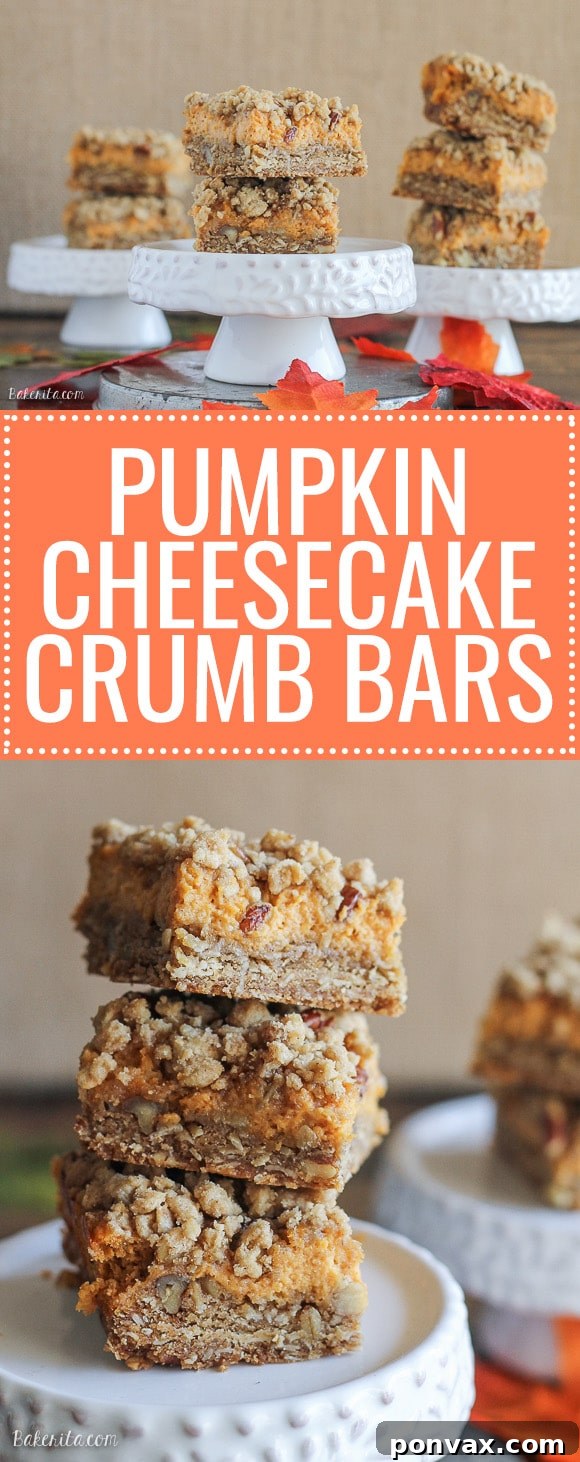 These Pumpkin Cheesecake Crumb Bars, featuring a crumble crust filled with oats and pecans, and a creamy pumpkin cheesecake filling, are truly an irresistible fall treat!
